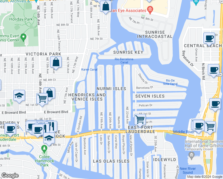 map of restaurants, bars, coffee shops, grocery stores, and more near 121 Northeast 20th Avenue in Fort Lauderdale