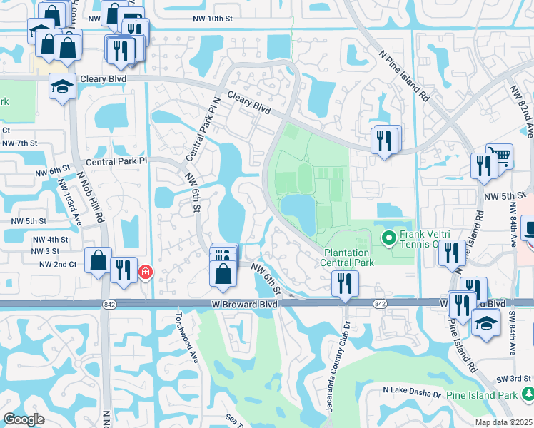 map of restaurants, bars, coffee shops, grocery stores, and more near 352 Northwest 94th Terrace in Plantation