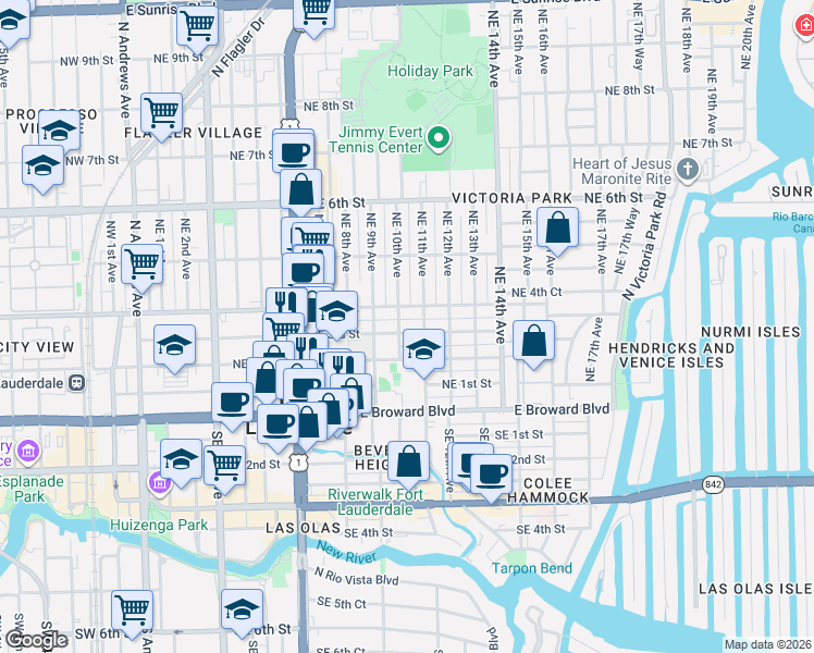 map of restaurants, bars, coffee shops, grocery stores, and more near 1009 Northeast 3rd Street in Fort Lauderdale