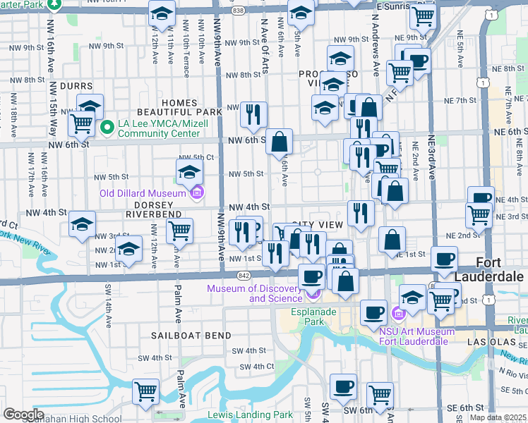 map of restaurants, bars, coffee shops, grocery stores, and more near 704 Northwest 4th Street in Fort Lauderdale