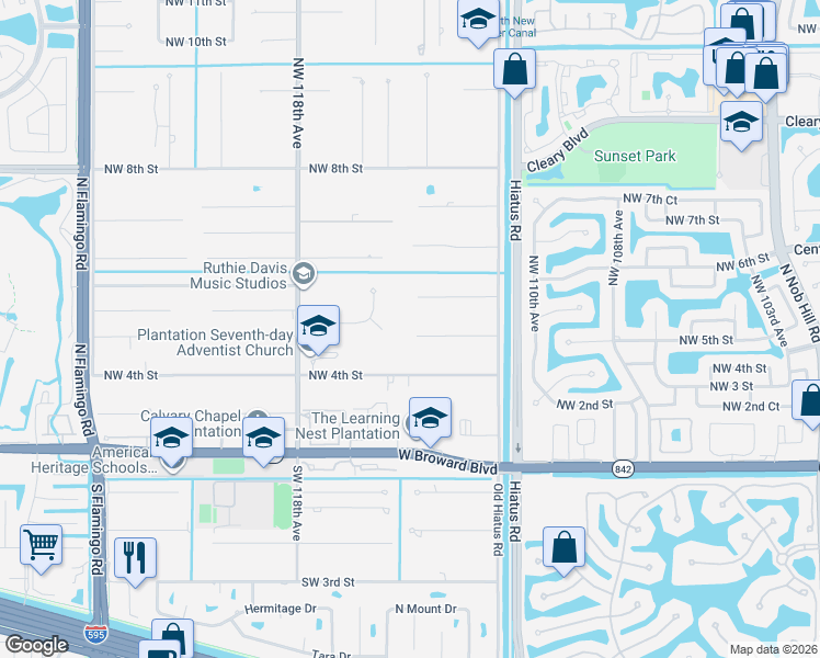 map of restaurants, bars, coffee shops, grocery stores, and more near 11351 Northwest 4th Court in Plantation