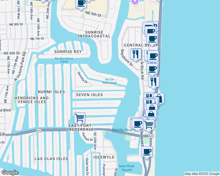 map of restaurants, bars, coffee shops, grocery stores, and more near 2608 Barcelona Drive in Fort Lauderdale