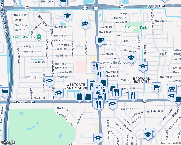 map of restaurants, bars, coffee shops, grocery stores, and more near 4101 Northwest 3rd Court in Plantation