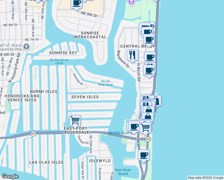 map of restaurants, bars, coffee shops, grocery stores, and more near 2630 Barcelona Drive in Fort Lauderdale