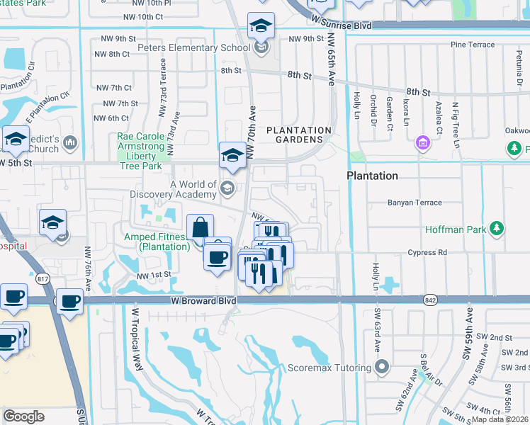 map of restaurants, bars, coffee shops, grocery stores, and more near 360 Northwest 69th Avenue in Plantation