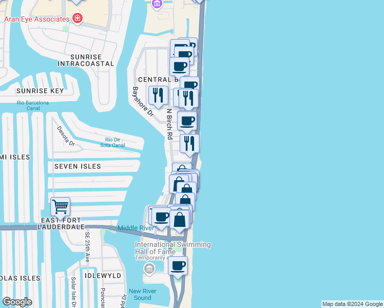 map of restaurants, bars, coffee shops, grocery stores, and more near 3024 Seville Street in Fort Lauderdale