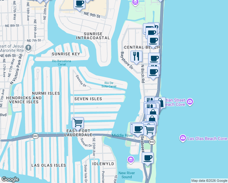 map of restaurants, bars, coffee shops, grocery stores, and more near 2608 Barcelona Drive in Fort Lauderdale