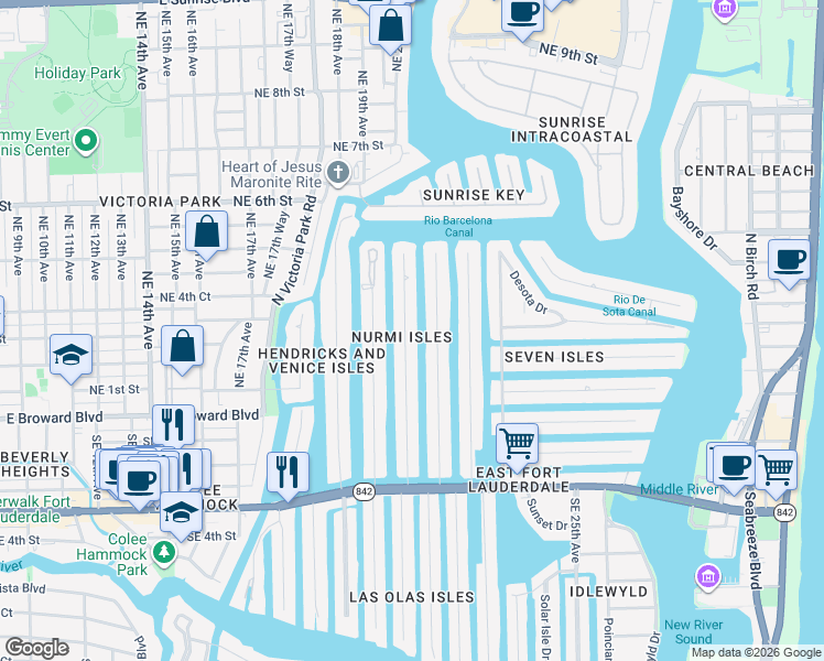 map of restaurants, bars, coffee shops, grocery stores, and more near 121 Northeast 20th Avenue in Fort Lauderdale