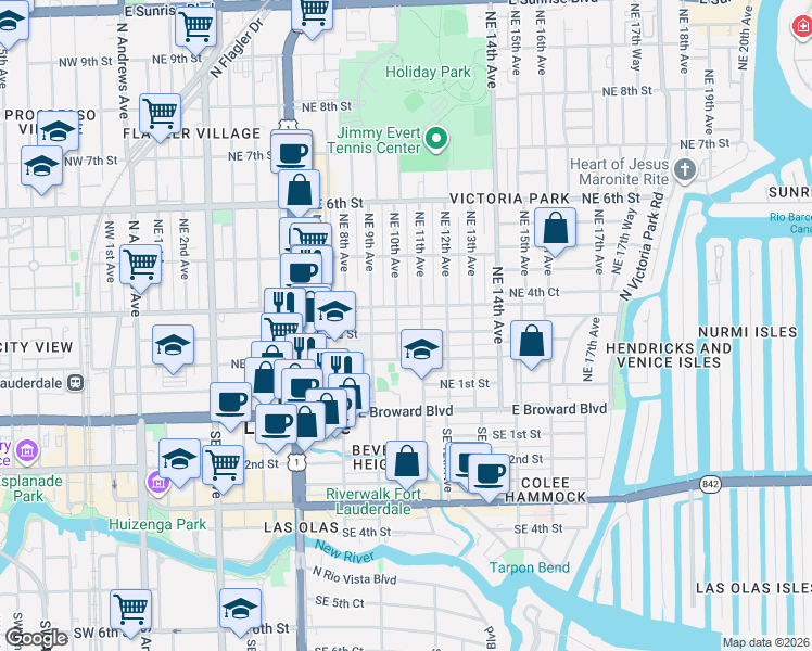 map of restaurants, bars, coffee shops, grocery stores, and more near 1009 Northeast 3rd Street in Fort Lauderdale