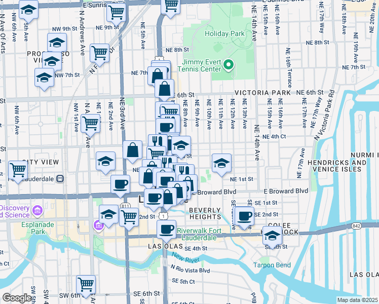 map of restaurants, bars, coffee shops, grocery stores, and more near 817 Northeast 3rd Street in Fort Lauderdale
