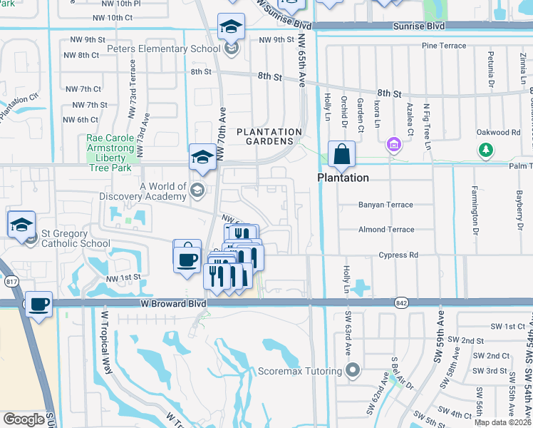 map of restaurants, bars, coffee shops, grocery stores, and more near 355 Northwest 68th Avenue in Plantation