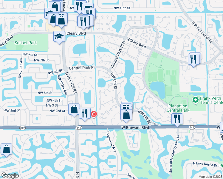map of restaurants, bars, coffee shops, grocery stores, and more near 117 Northwest 2nd Court in Plantation
