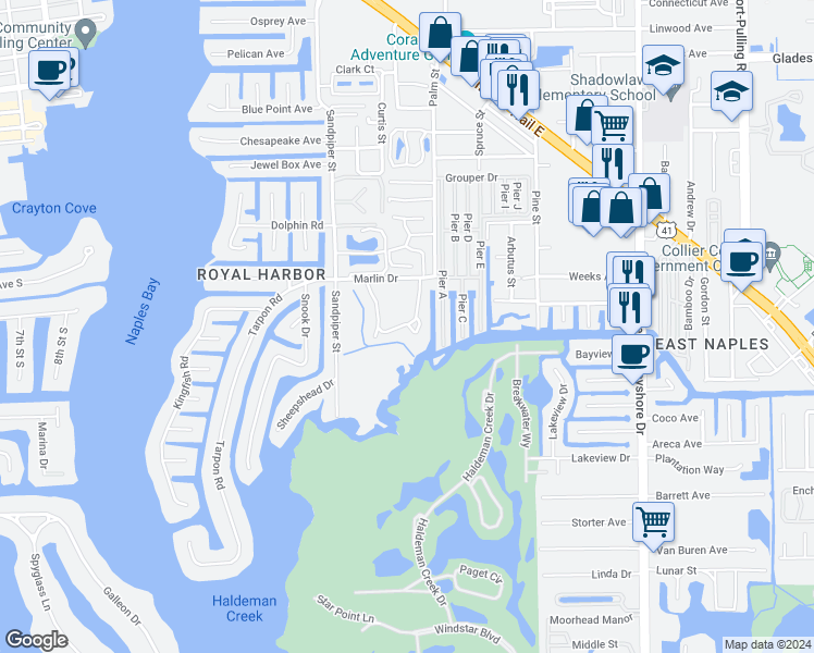 map of restaurants, bars, coffee shops, grocery stores, and more near 3031 Sandpiper Bay Circle in Naples