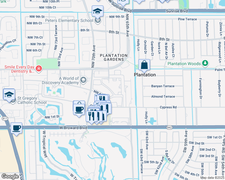 map of restaurants, bars, coffee shops, grocery stores, and more near 355 Northwest 68th Avenue in Plantation