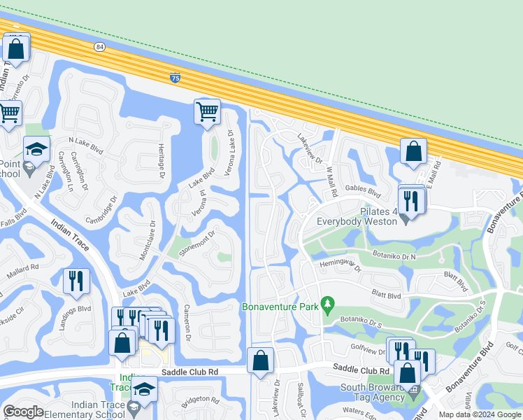 map of restaurants, bars, coffee shops, grocery stores, and more near 301 Lakeview Drive in Weston