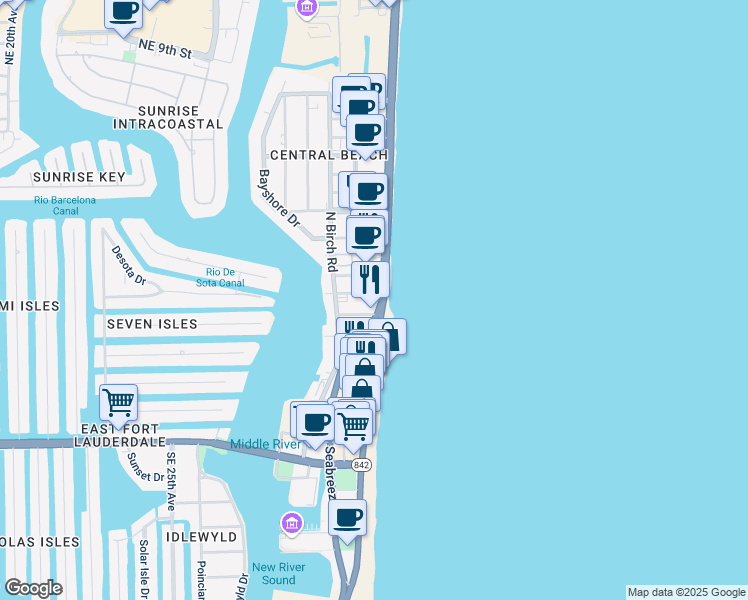 map of restaurants, bars, coffee shops, grocery stores, and more near 3024 Seville Street in Fort Lauderdale
