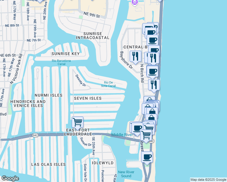 map of restaurants, bars, coffee shops, grocery stores, and more near 2608 Barcelona Drive in Fort Lauderdale