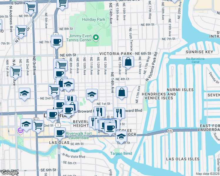map of restaurants, bars, coffee shops, grocery stores, and more near 1305 Northeast 3rd Street in Fort Lauderdale