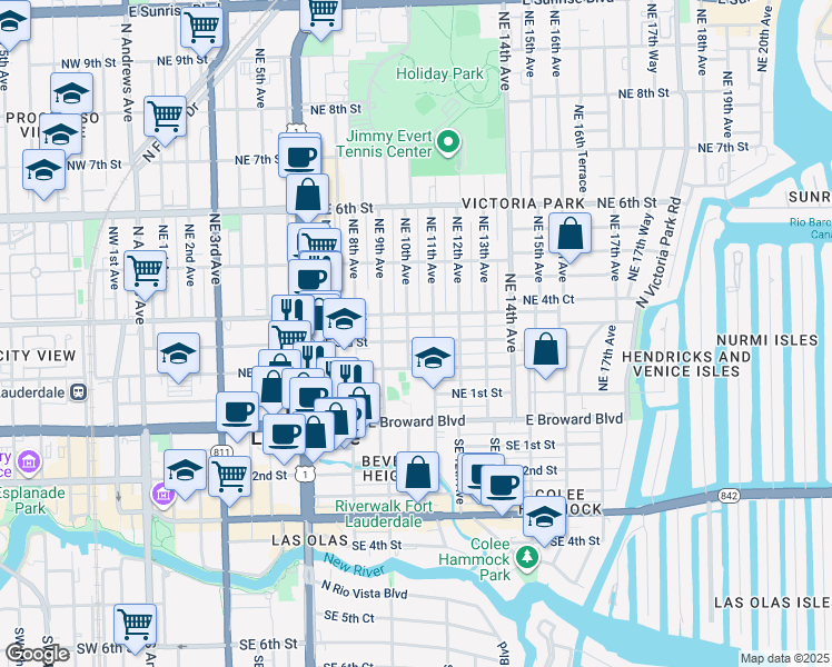 map of restaurants, bars, coffee shops, grocery stores, and more near 1009 Northeast 3rd Street in Fort Lauderdale
