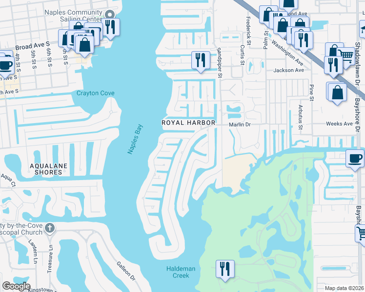map of restaurants, bars, coffee shops, grocery stores, and more near 1940 Tarpon Road in Naples
