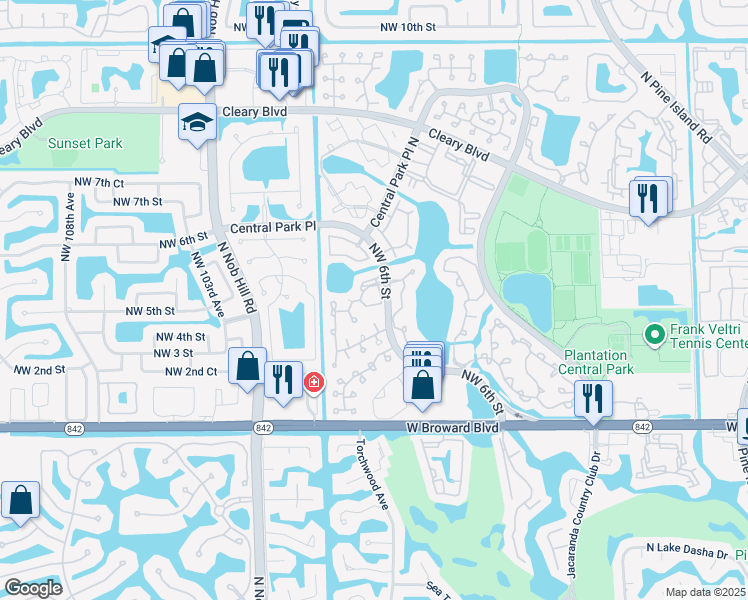 map of restaurants, bars, coffee shops, grocery stores, and more near 9856 Northwest 3rd Street in Plantation
