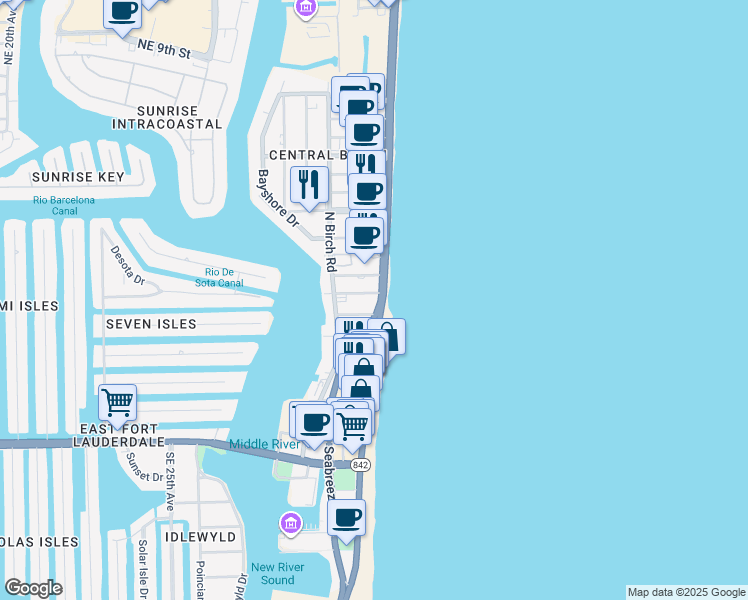 map of restaurants, bars, coffee shops, grocery stores, and more near 3024 Seville Street in Fort Lauderdale