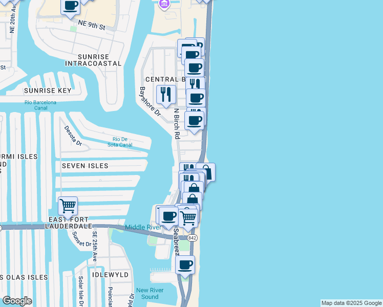 map of restaurants, bars, coffee shops, grocery stores, and more near 3024 Seville Street in Fort Lauderdale
