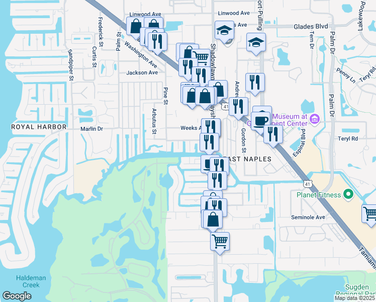 map of restaurants, bars, coffee shops, grocery stores, and more near 2997 Orange Street in Naples