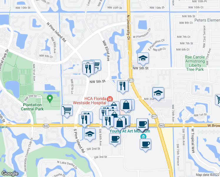 map of restaurants, bars, coffee shops, grocery stores, and more near 301 Northwest 82nd Avenue in Plantation