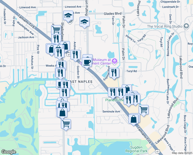 map of restaurants, bars, coffee shops, grocery stores, and more near 3360 Tamiami Trail East in Naples