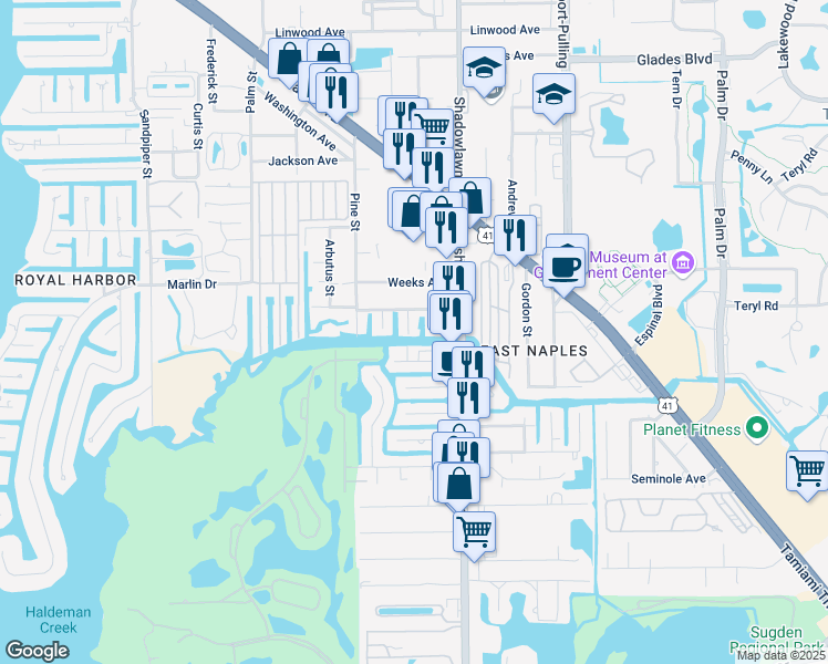 map of restaurants, bars, coffee shops, grocery stores, and more near 2997 Orange Street in Naples