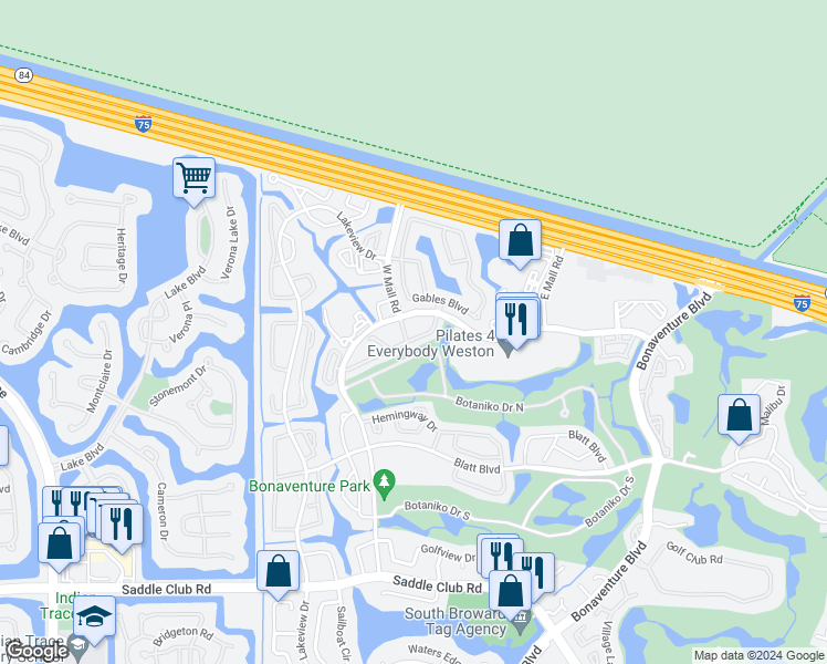 map of restaurants, bars, coffee shops, grocery stores, and more near 304 Racquet Club Road in Weston