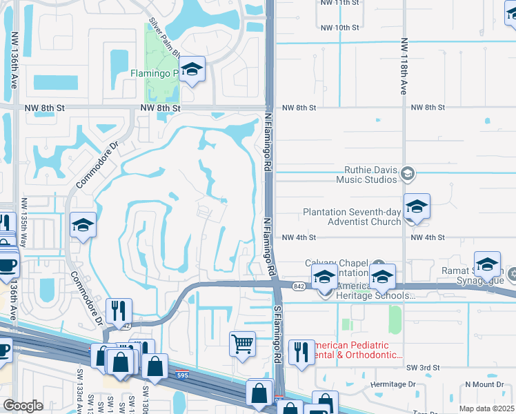 map of restaurants, bars, coffee shops, grocery stores, and more near 316 North Flamingo Road in Sunrise