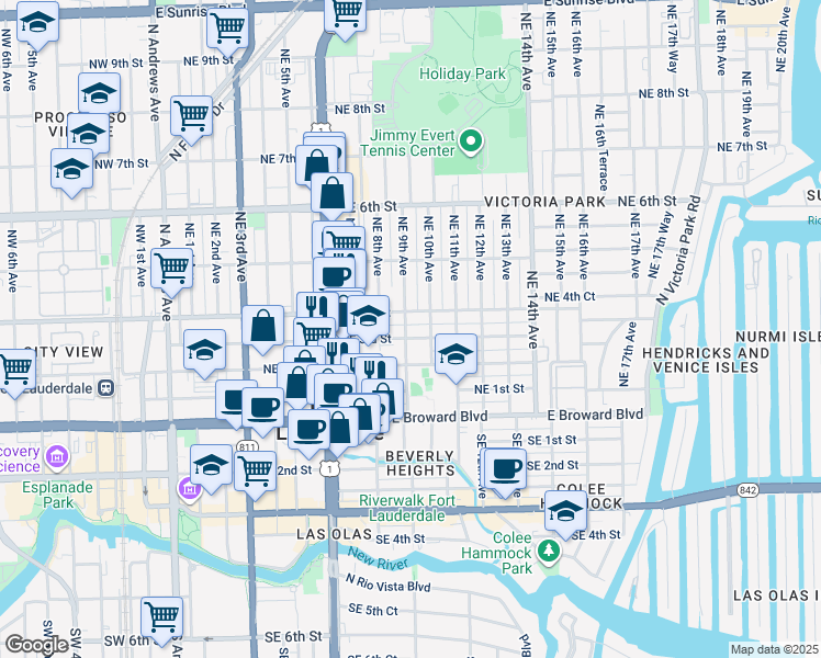 map of restaurants, bars, coffee shops, grocery stores, and more near 817 Northeast 3rd Street in Fort Lauderdale