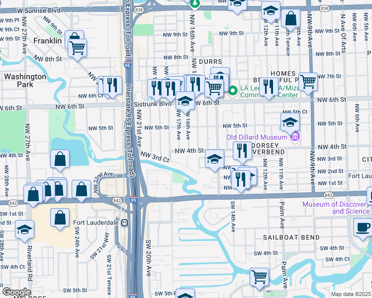 map of restaurants, bars, coffee shops, grocery stores, and more near 1601 Northwest 4th Street in Fort Lauderdale