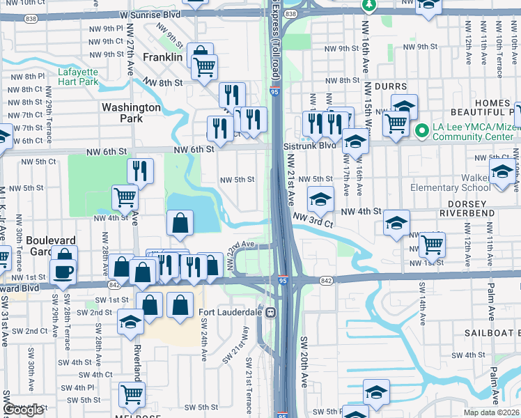 map of restaurants, bars, coffee shops, grocery stores, and more near 2121 Northwest 4th Street in Fort Lauderdale
