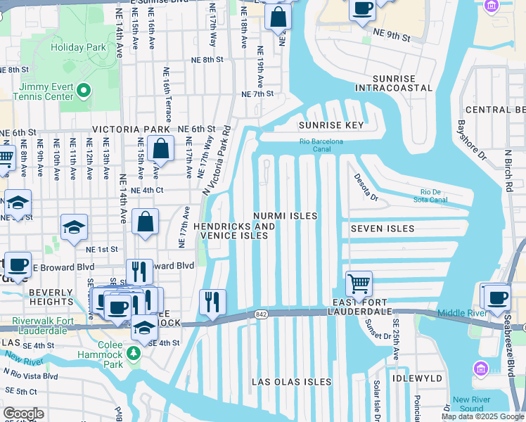 map of restaurants, bars, coffee shops, grocery stores, and more near 133 Isle of Venice Drive in Fort Lauderdale