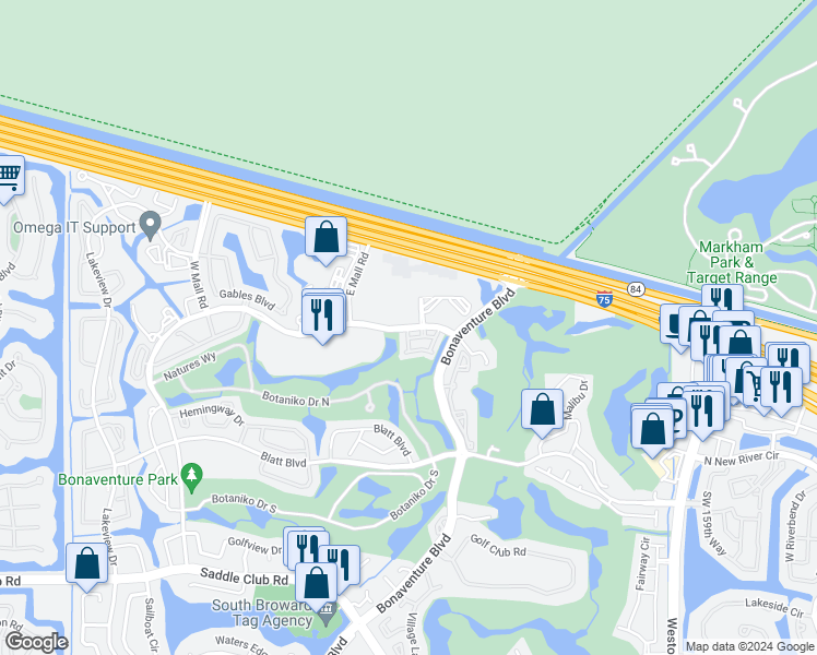 map of restaurants, bars, coffee shops, grocery stores, and more near 16300 Racquet Club Road in Weston