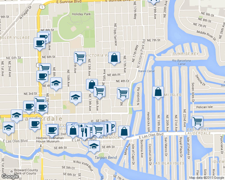 map of restaurants, bars, coffee shops, grocery stores, and more near 1619 Northeast 2nd Court in Fort Lauderdale