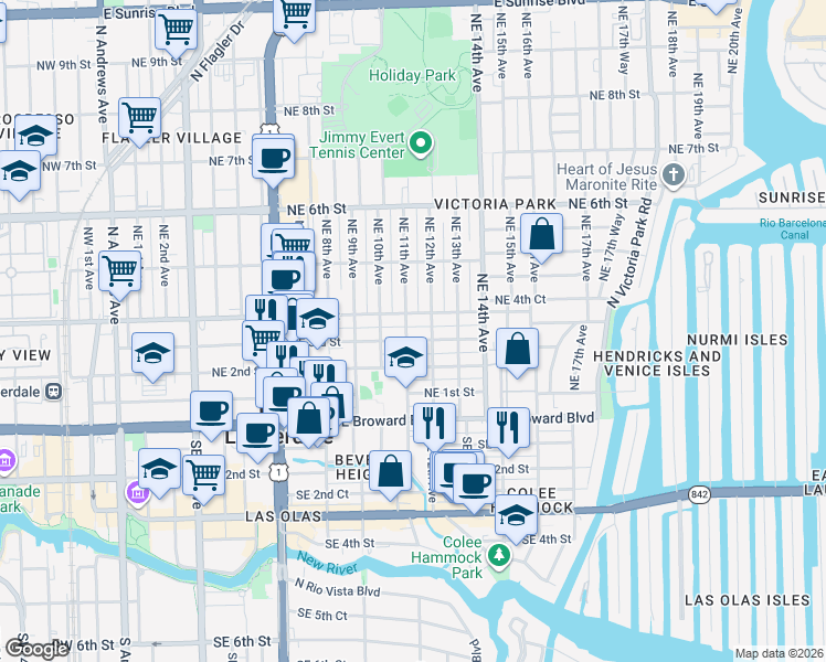 map of restaurants, bars, coffee shops, grocery stores, and more near 1119 Northeast 3rd Street in Fort Lauderdale