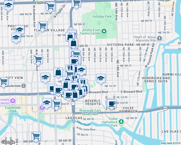 map of restaurants, bars, coffee shops, grocery stores, and more near 817 Northeast 3rd Street in Fort Lauderdale