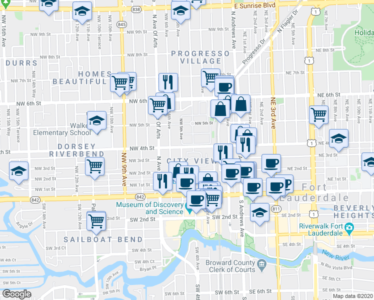 map of restaurants, bars, coffee shops, grocery stores, and more near 339 City View Drive in Fort Lauderdale