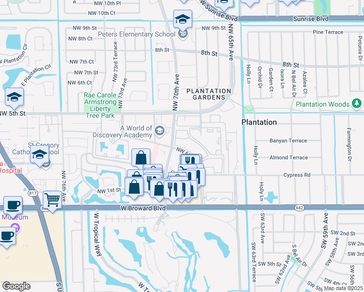 map of restaurants, bars, coffee shops, grocery stores, and more near 360 Northwest 69th Avenue in Plantation