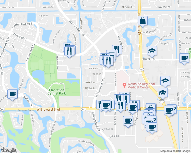 map of restaurants, bars, coffee shops, grocery stores, and more near 485 North Pine Island Road in Plantation