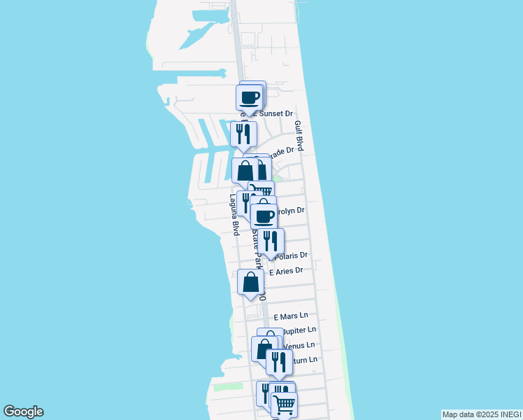 map of restaurants, bars, coffee shops, grocery stores, and more near 104 East Carolyn Drive in South Padre Island