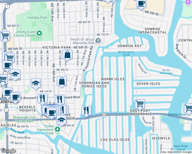map of restaurants, bars, coffee shops, grocery stores, and more near 301 Hendricks Isle in Fort Lauderdale