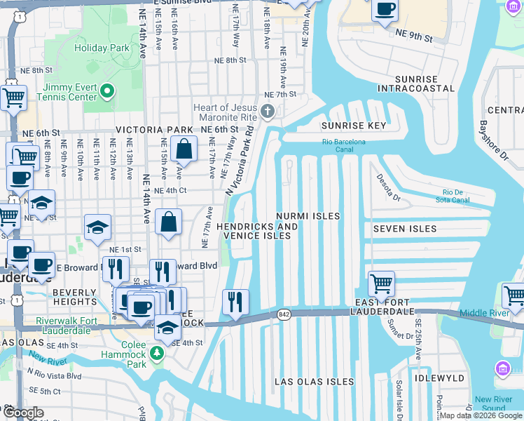 map of restaurants, bars, coffee shops, grocery stores, and more near 217 Hendricks Isle in Fort Lauderdale