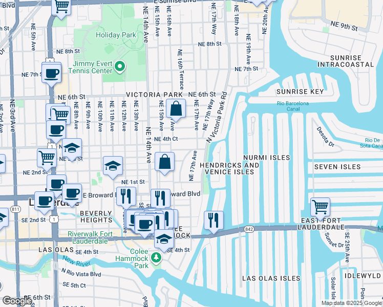 map of restaurants, bars, coffee shops, grocery stores, and more near 309 Northeast 17th Avenue in Fort Lauderdale