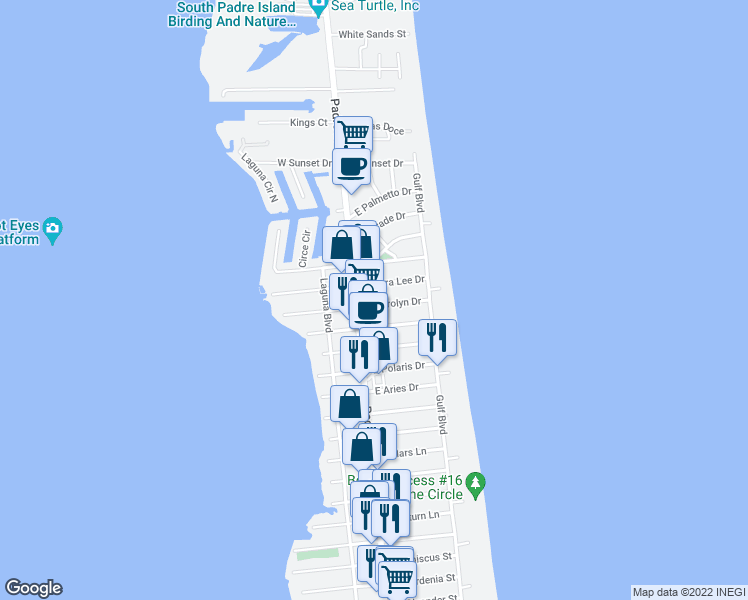 map of restaurants, bars, coffee shops, grocery stores, and more near 104 East Carolyn Drive in South Padre Island