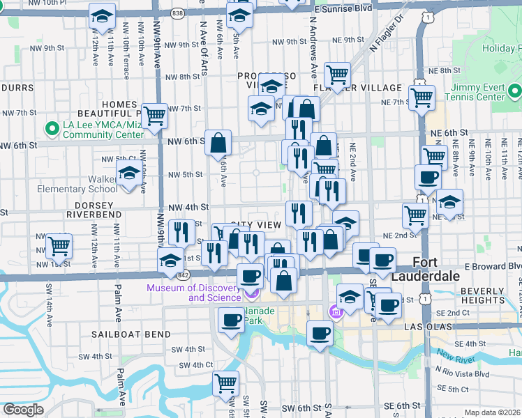 map of restaurants, bars, coffee shops, grocery stores, and more near 339 City View Drive in Fort Lauderdale